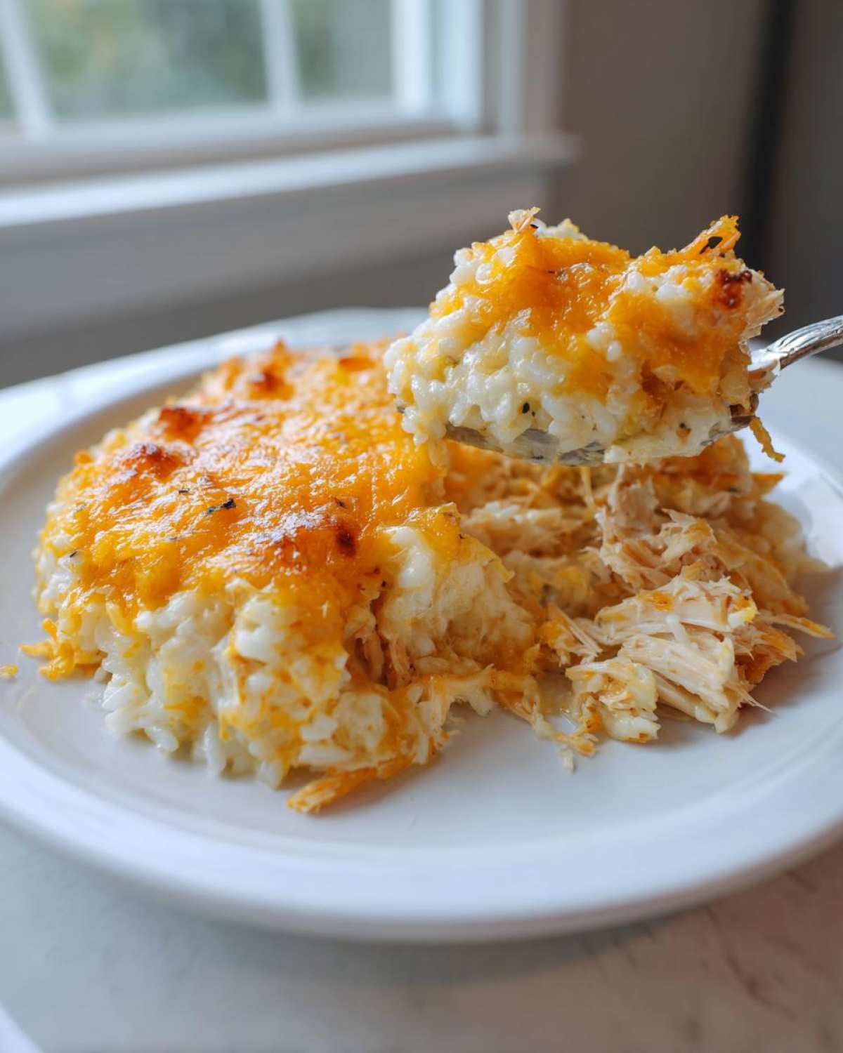 A spoonful of creamy cheesy chicken and rice being lifted from a serving on a white plate.