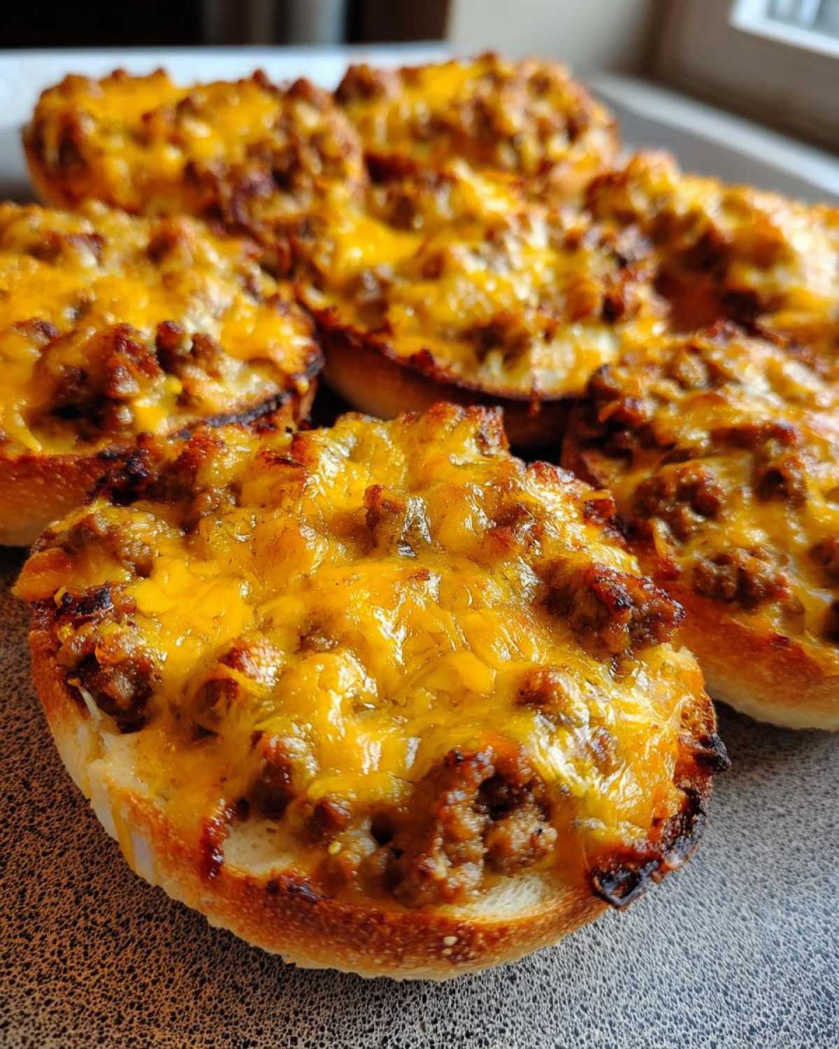 Close-up of several baked appetizers topped with ground meat mixture and melted cheddar cheese, representing the hanky panky recipe.