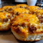 Close-up of several baked hanky panky recipe appetizers topped with melted cheddar and sausage mixture on biscuit bases.