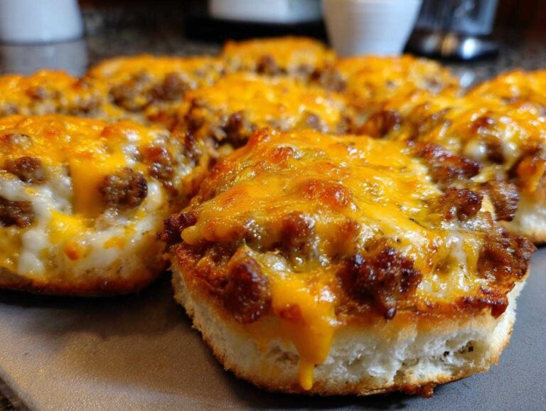Close-up of several baked hanky panky recipe appetizers topped with melted cheddar and sausage mixture on biscuit bases.