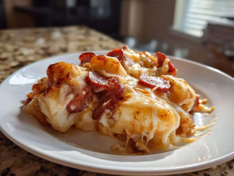 A close-up serving of cheesy pierogi casserole topped with melted mozzarella and slices of pepperoni.