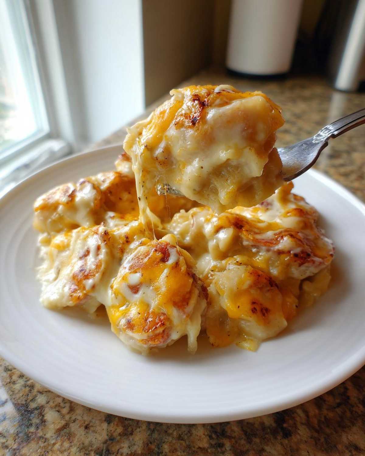 A fork lifts a cheesy, browned bite from a serving of creamy pierogi casserole on a white plate.
