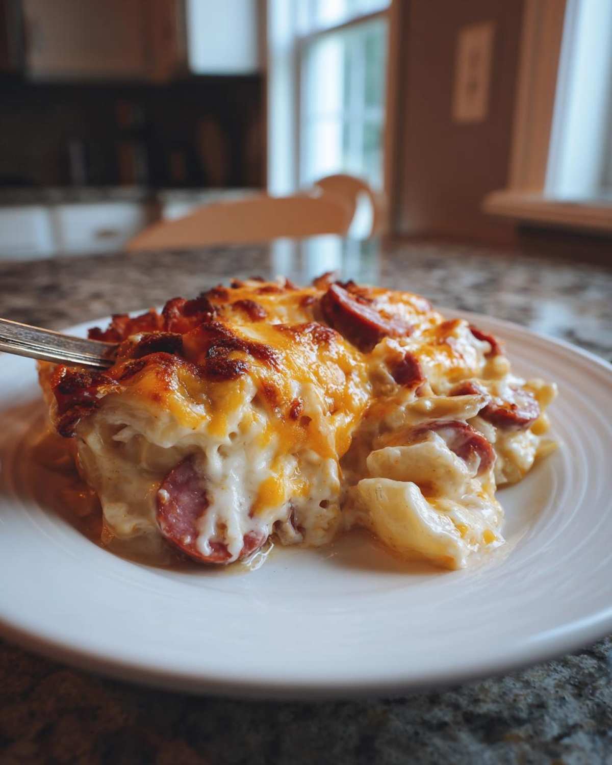 Close-up of a creamy, cheesy slice of pierogi casserole with sausage being lifted by a fork.
