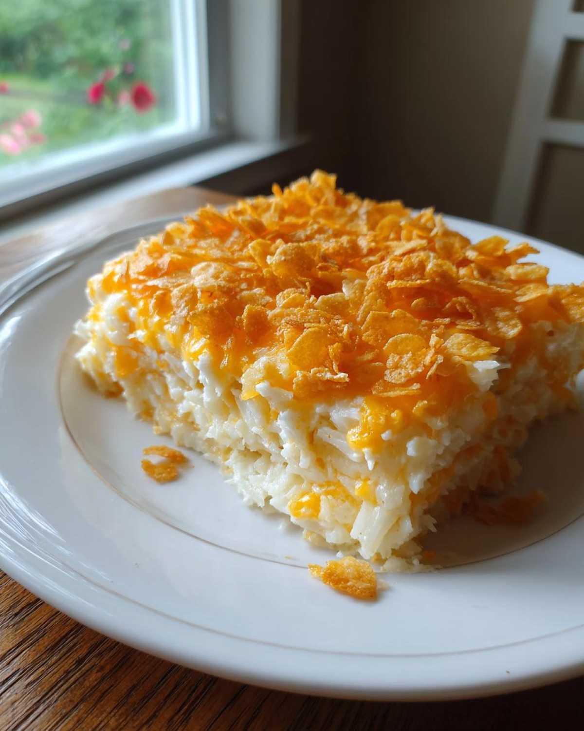 A square serving of cheesy potato casserole topped with crushed corn flakes on a white plate.