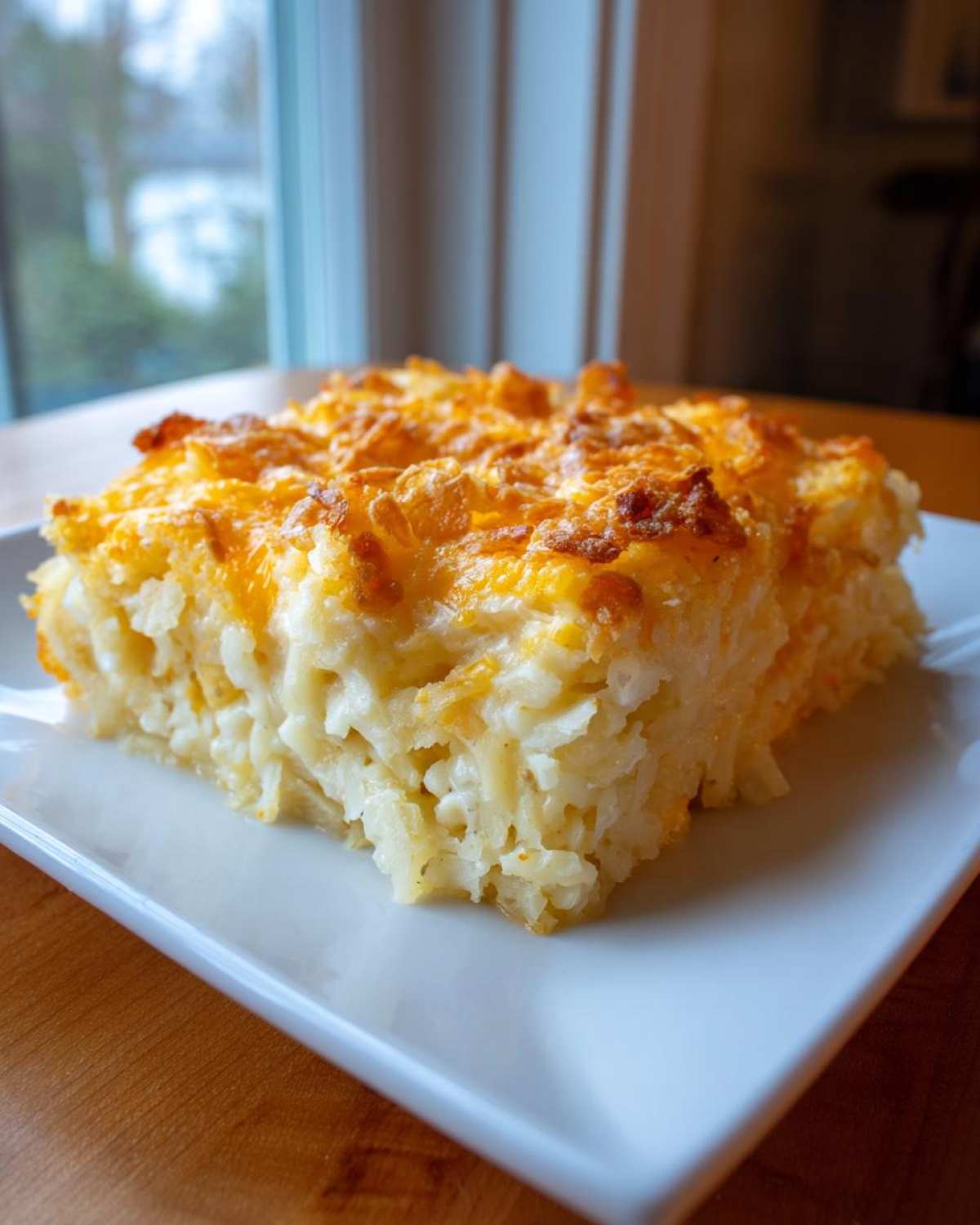 A square serving of creamy, baked cheesy potato casserole with a golden brown, melted cheese topping.