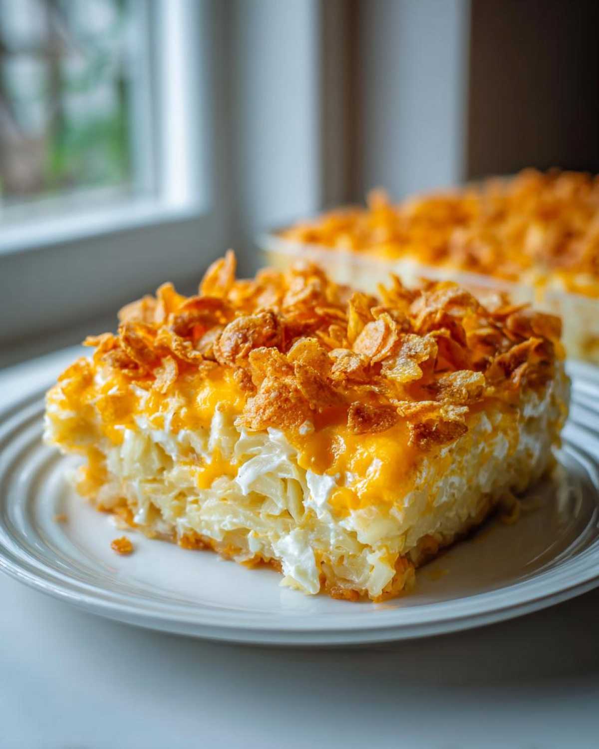 A square serving of cheesy potato casserole topped with melted cheddar and crunchy cornflakes on a white plate.