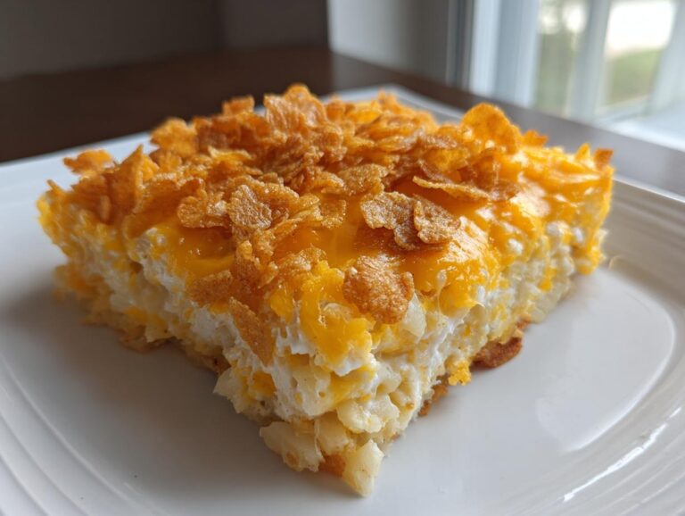 A square serving of cheesy potato casserole topped with melted cheddar and crunchy cornflakes.