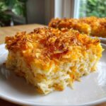 A square serving of creamy, cheesy potato casserole topped with a crunchy, golden-brown fried onion layer.