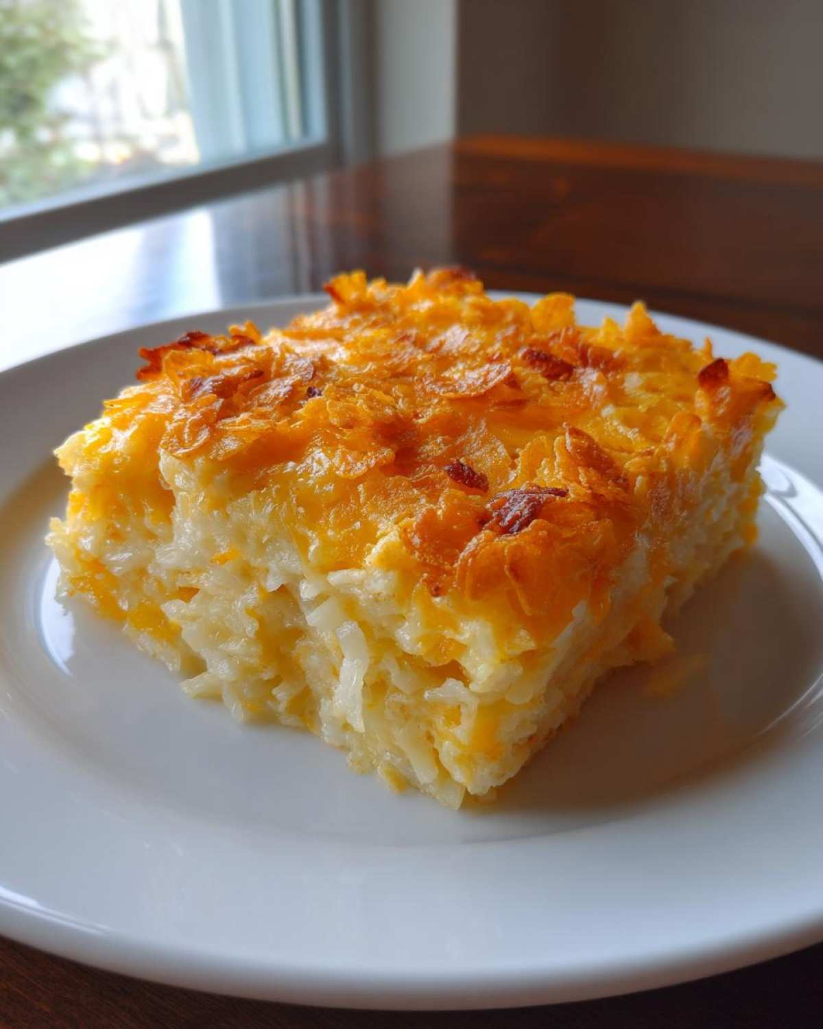 A square serving of cheesy potato casserole with a golden, crunchy topping on a white plate.