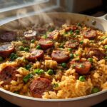 Close-up of steaming, cheesy sausage and rice dish with peas in a light-colored skillet.