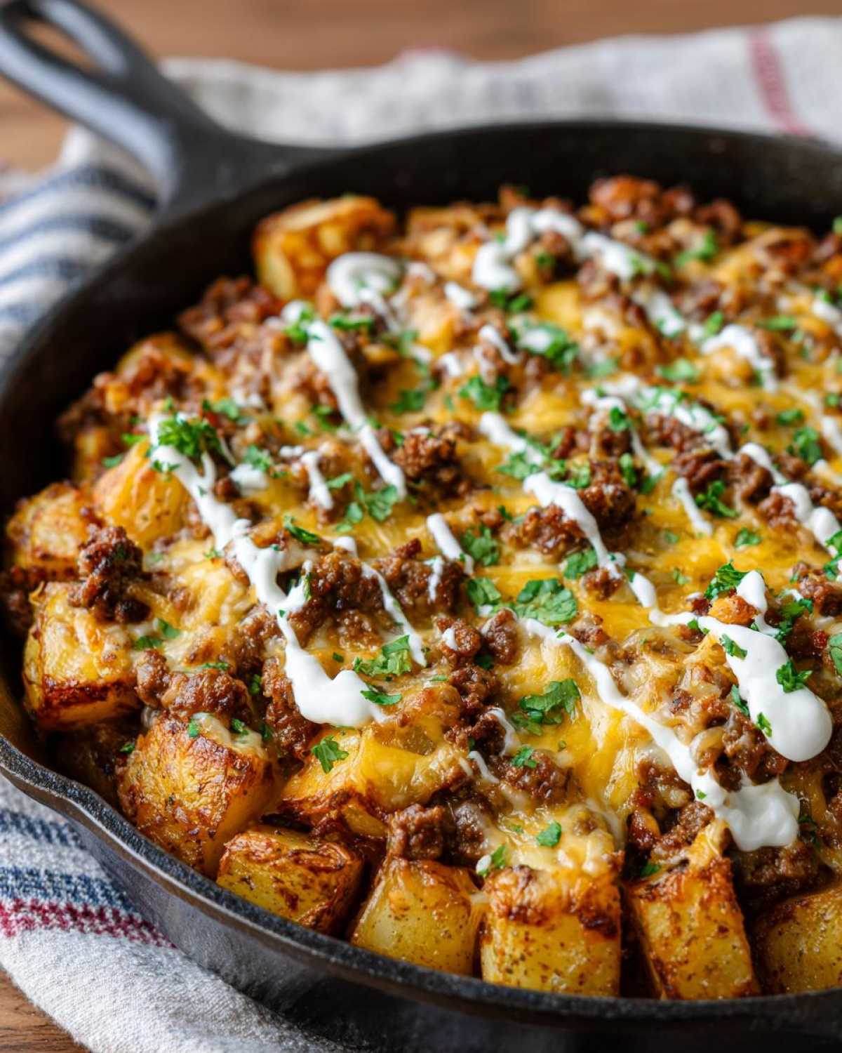 Close-up of Cheesy Taco Potatoes with seasoned ground beef, melted cheddar, and sour cream drizzle in a black skillet.
