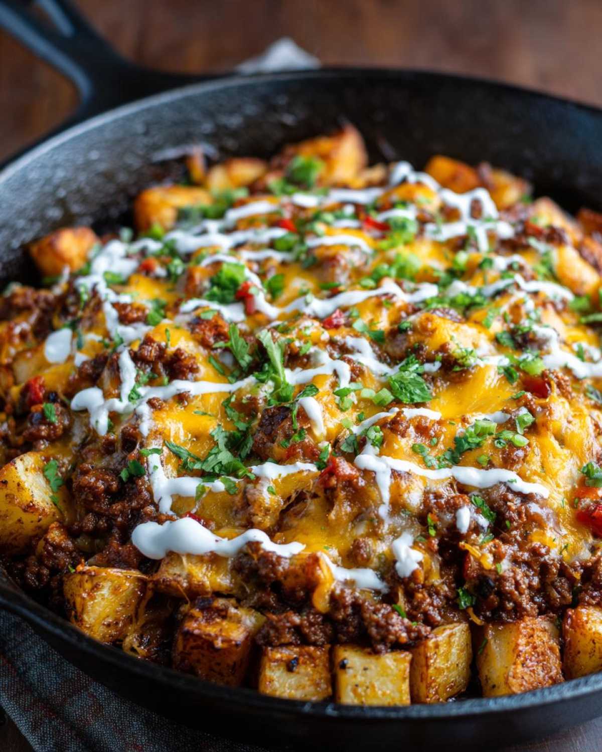 Close-up of Cheesy Taco Potatoes featuring seasoned ground beef, melted cheddar cheese, and a sour cream drizzle over roasted potatoes.