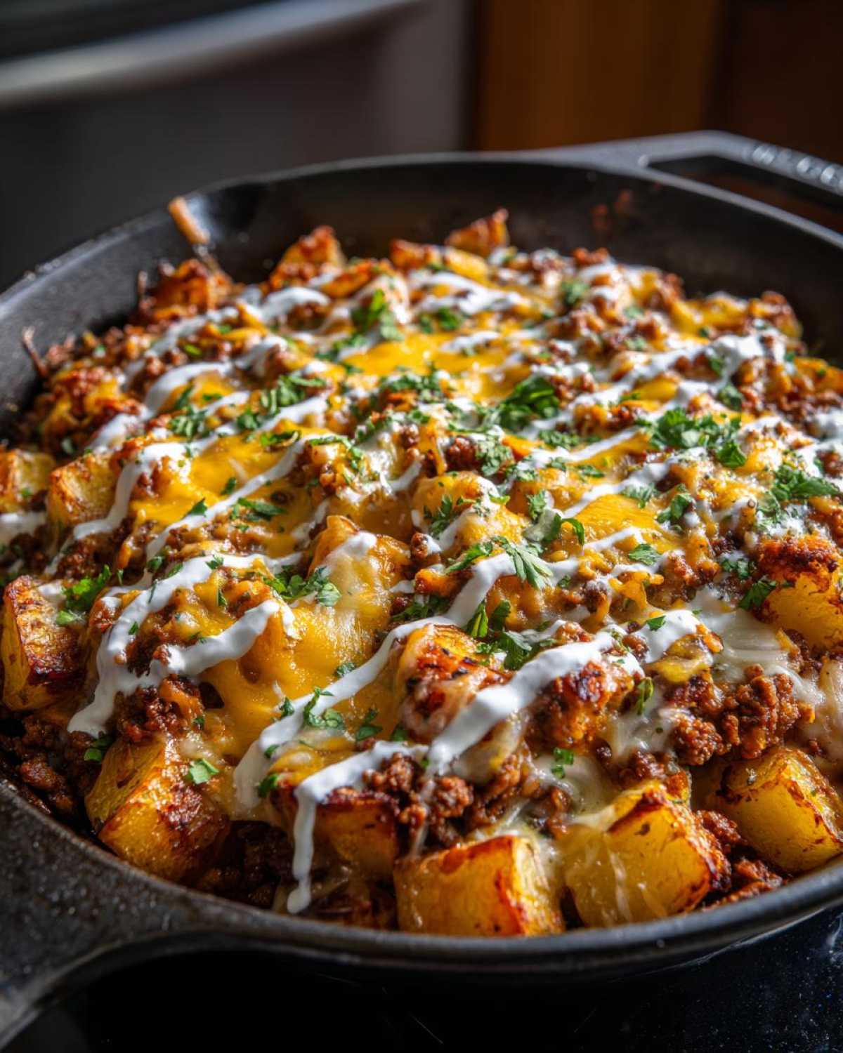 Close-up of Cheesy Taco Potatoes with seasoned ground meat, melted cheddar, and sour cream drizzle in a black skillet.