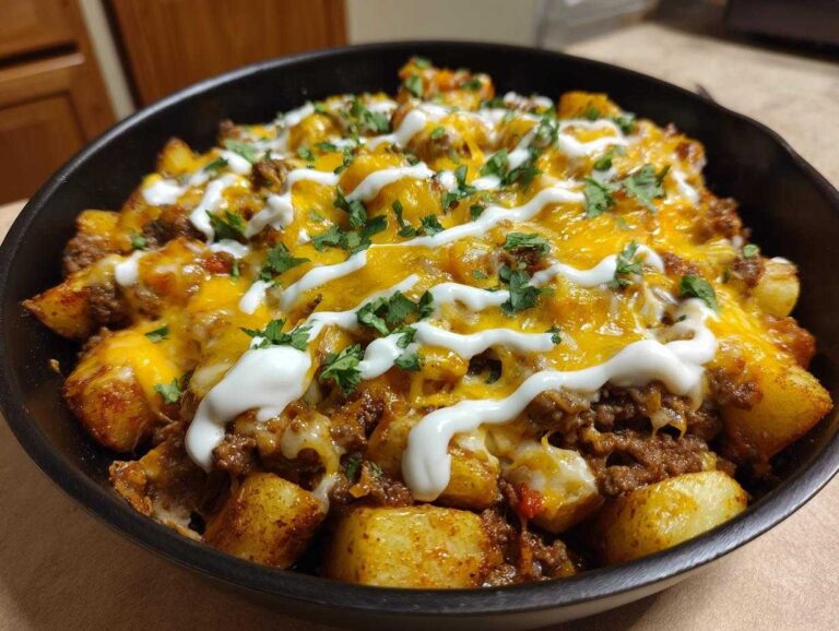 Close-up of Cheesy Taco Potatoes topped with melted cheddar, sour cream drizzle, and cilantro in a black skillet.