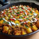Close-up of Cheesy Taco Potatoes in a cast iron skillet topped with melted cheese, sour cream, tomatoes, and cilantro.