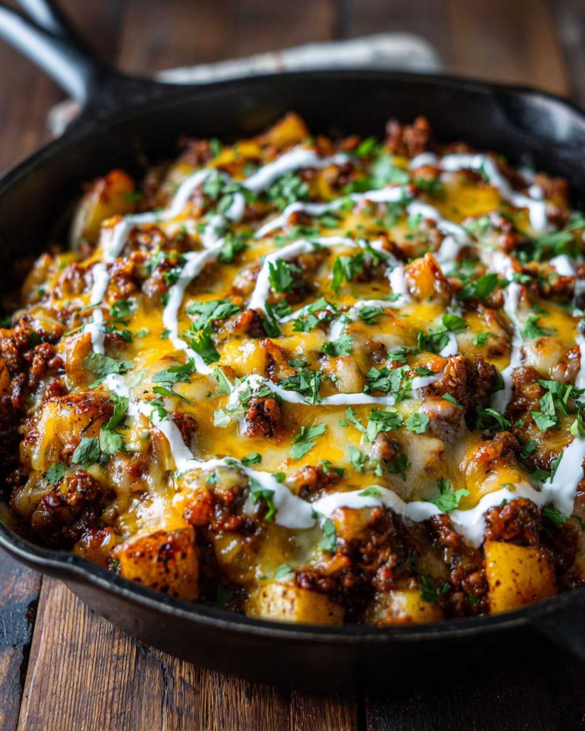 Close-up of Cheesy Taco Potatoes topped with melted cheddar, sour cream drizzle, and fresh cilantro in a black skillet.