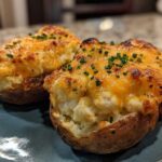 Two cheesy twice-baked potatoes topped with melted cheddar and fresh chives, served on a blue plate.