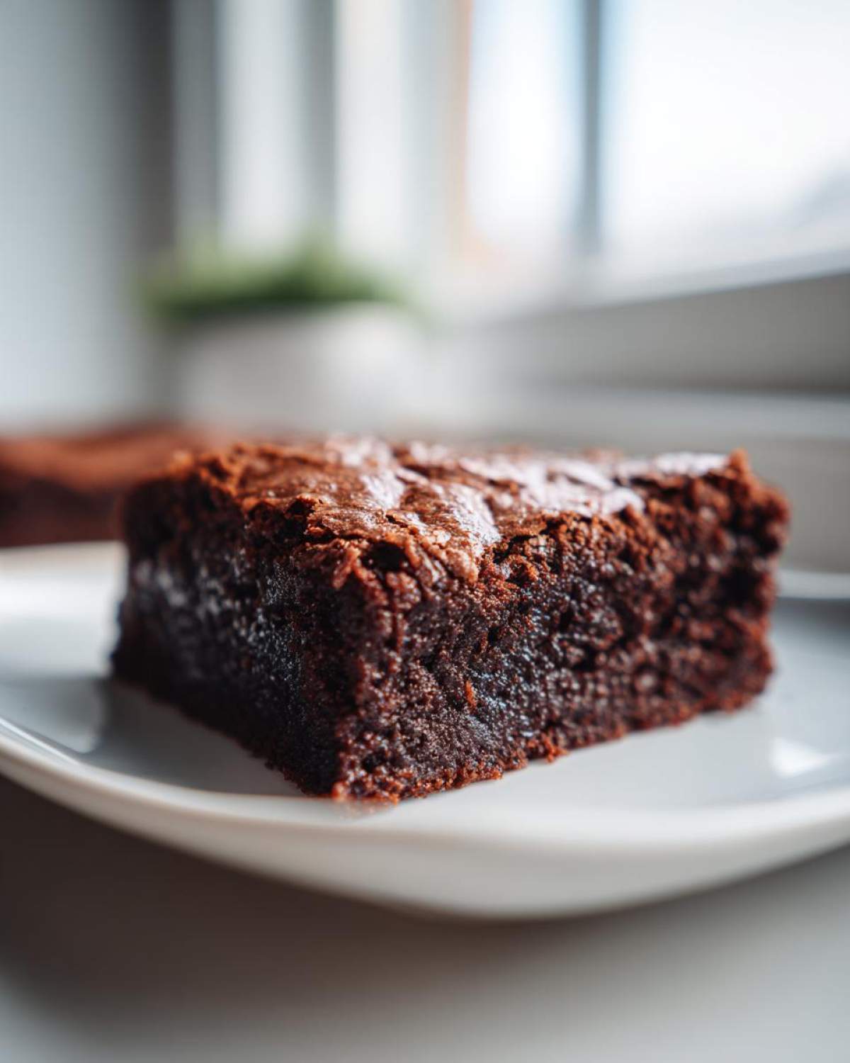 Close-up of a single, rich, dark brown slice of chewy gingerbread brownies resting on a white plate.