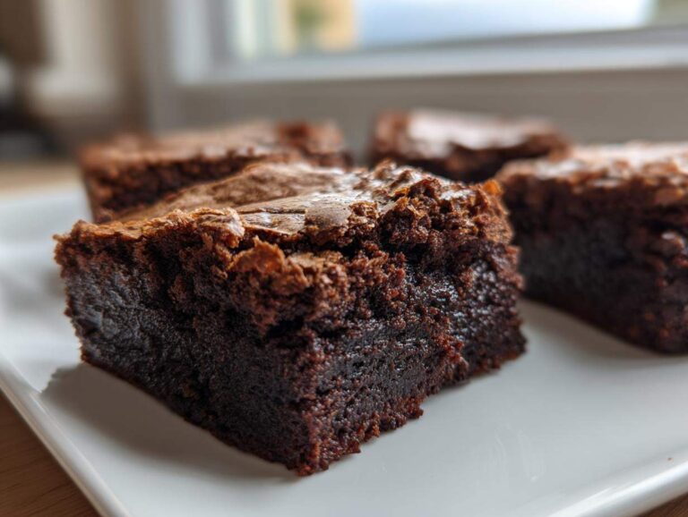 Close-up of a thick, chewy slice of dark chocolate gingerbread brownies on a white plate.