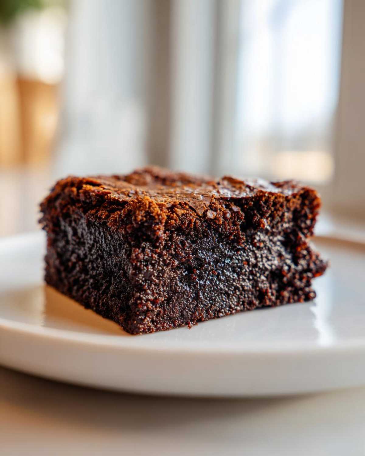 A close-up of a single, rich, dark square of chewy gingerbread brownies resting on a white plate.