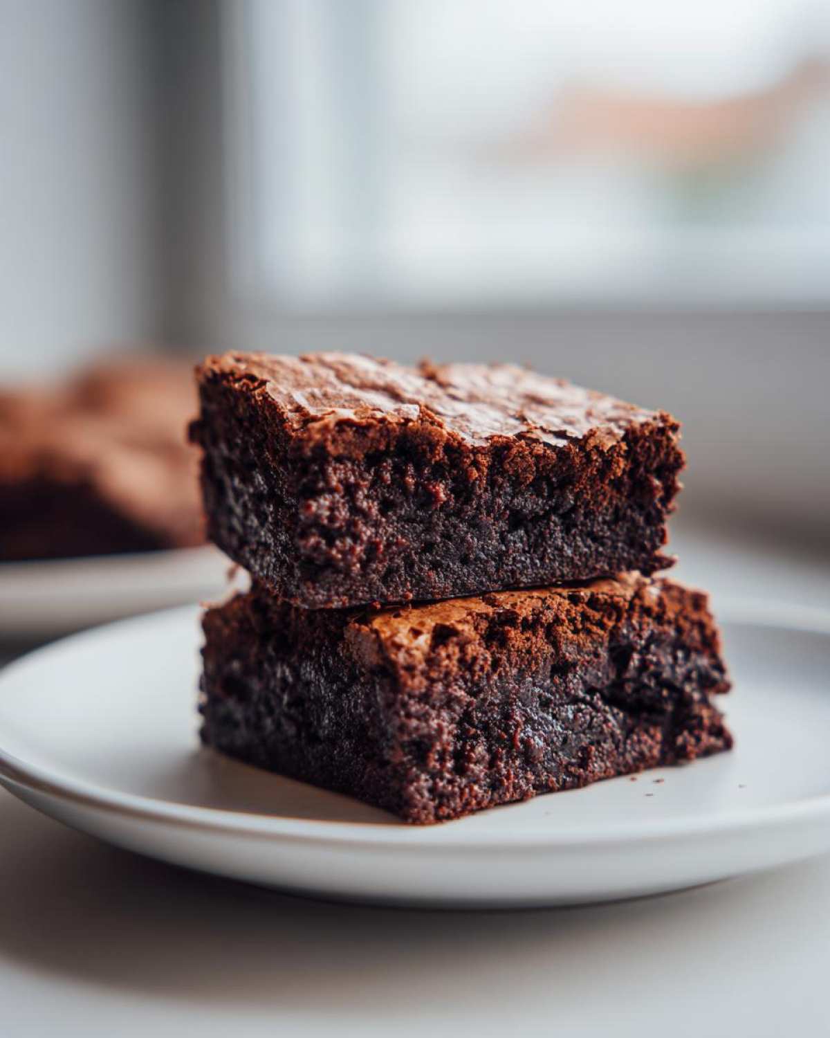 Two rich, chewy gingerbread brownies stacked on a white plate, showing their fudgy interior.
