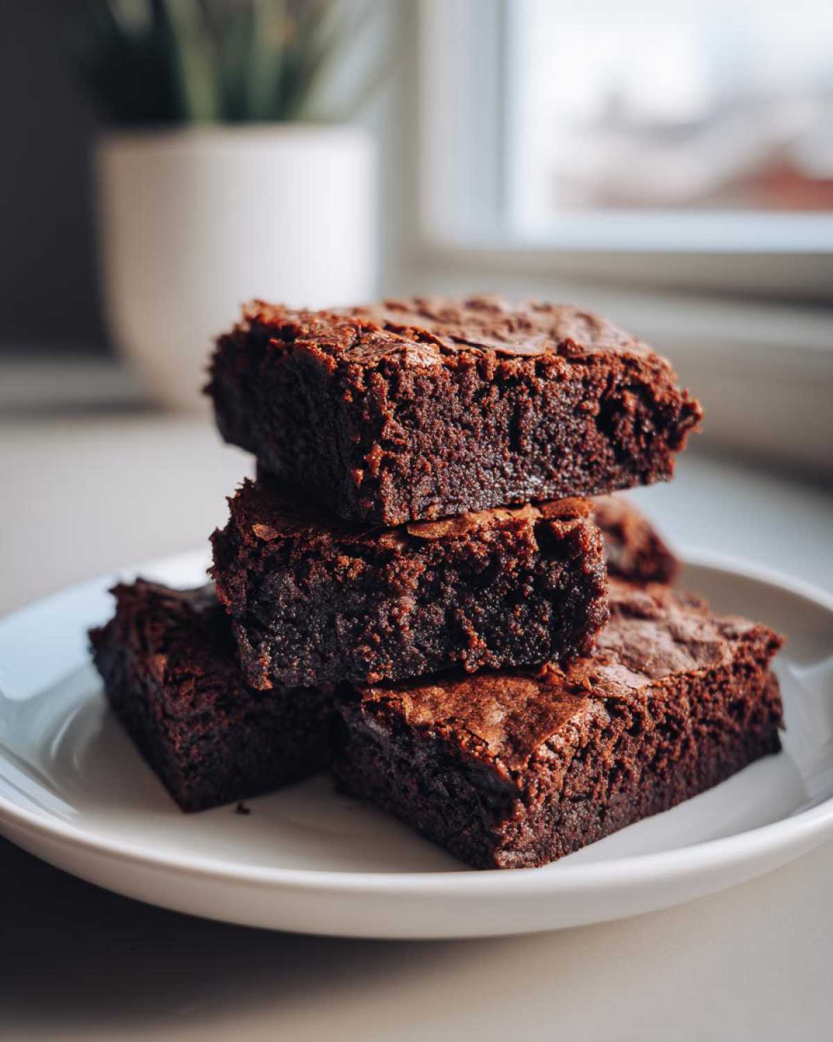 A stack of four rich, chewy gingerbread brownies served on a white plate, showing their fudgy texture.