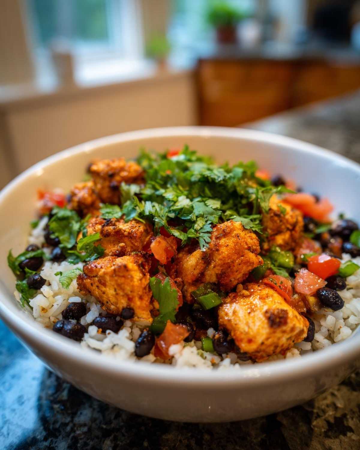 Close-up of a white bowl filled with rice, black beans, seasoned chicken pieces, tomatoes, and cilantro for a chicken burrito bowl.