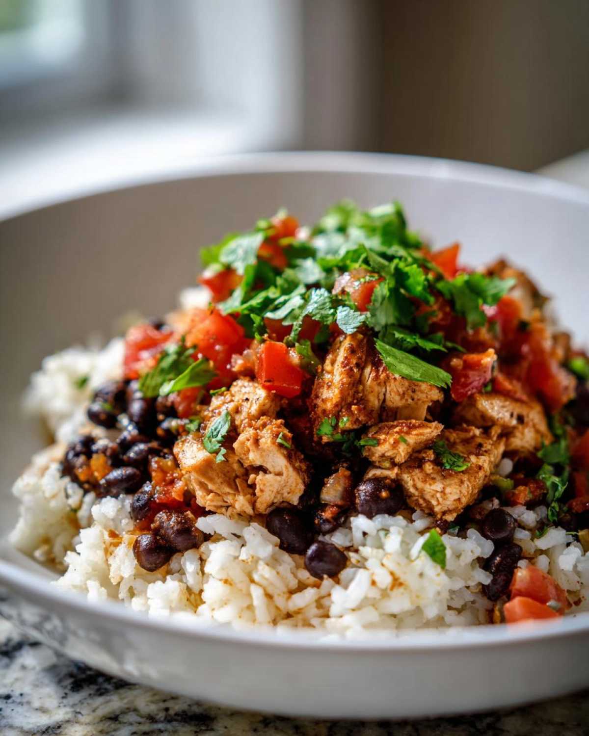 Close-up of a delicious chicken burrito bowl featuring seasoned chicken, black beans, white rice, diced tomatoes, and fresh cilantro.