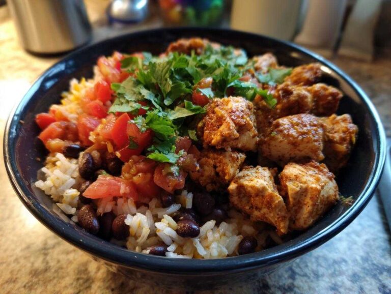 Amazing 30-Minute chicken burrito bowl A close-up of a vibrant chicken burrito bowl featuring seasoned chicken, rice, black beans, salsa, and fresh cilantro.