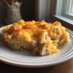 A scoop of cheesy chicken cauliflower rice casserole served on a white plate near a window.