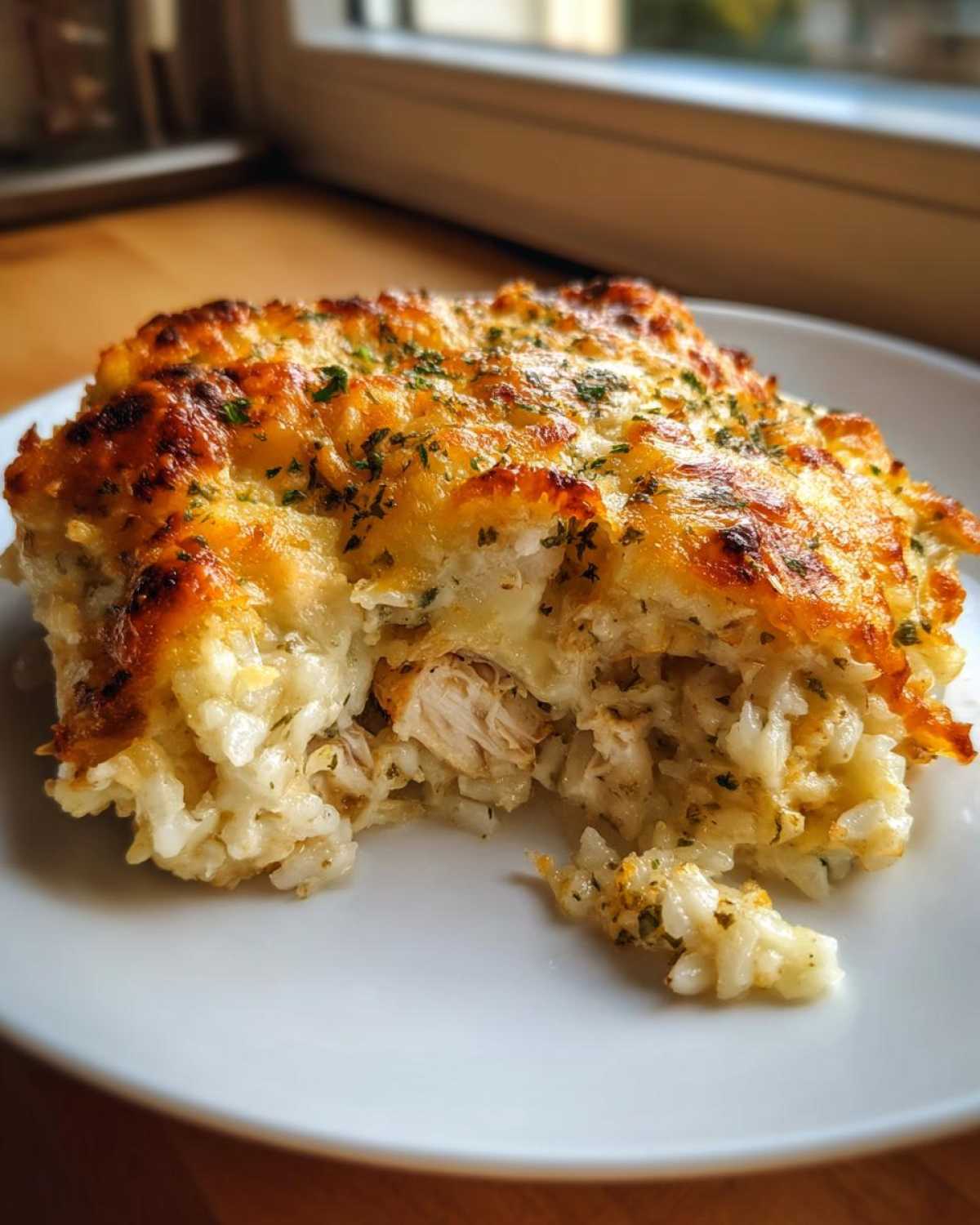 A close-up of a serving of cheesy chicken cauliflower rice casserole with a golden-brown, bubbly top.