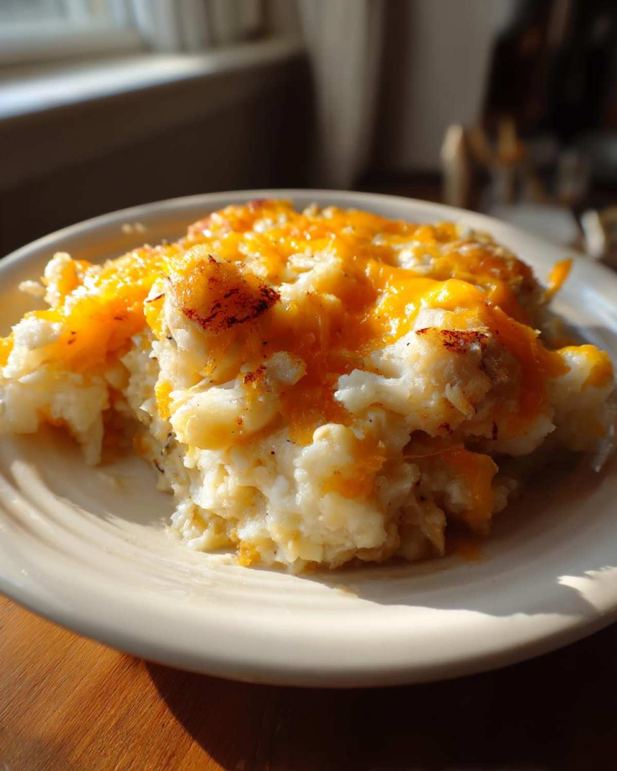 A scoop of creamy chicken cauliflower rice casserole topped with melted orange cheddar cheese.