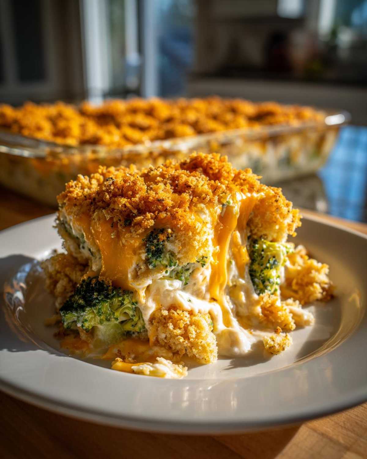 A close-up serving of creamy Chicken Divan casserole featuring broccoli, melted cheese, and a golden crumb topping.