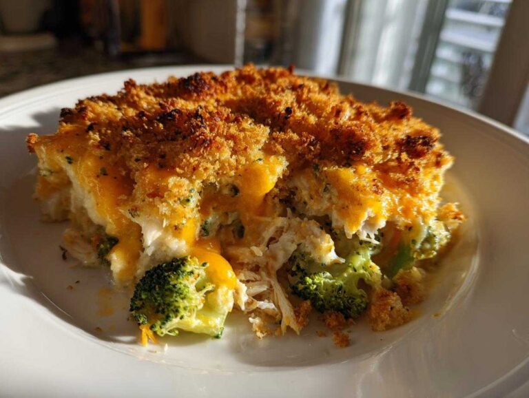 A hearty serving of Chicken Divan casserole showing shredded chicken, broccoli florets, melted cheddar cheese, and a golden brown breadcrumb topping.