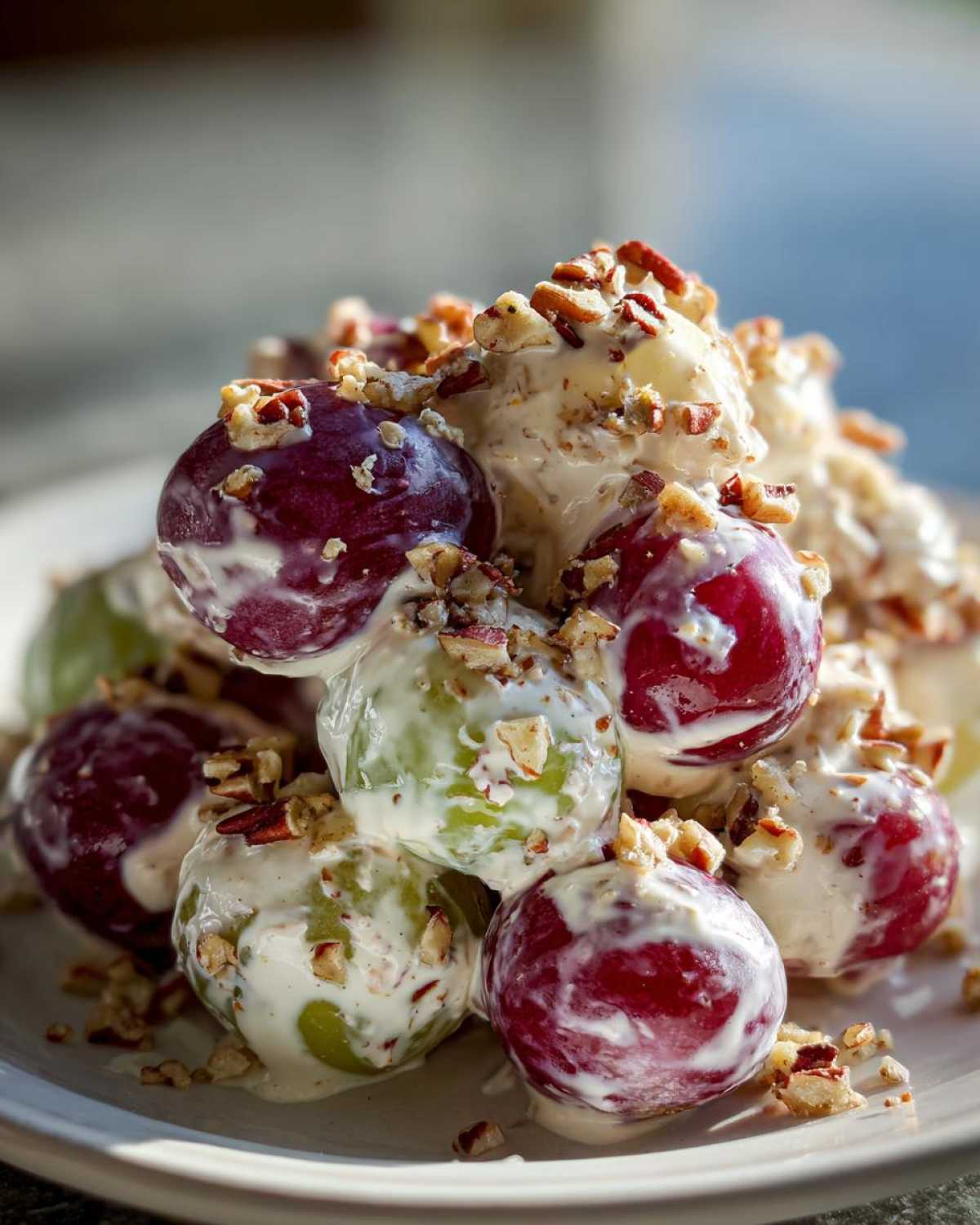 Close-up of creamy chicken salad chick grape salad mixture with red and green grapes and chopped pecans.