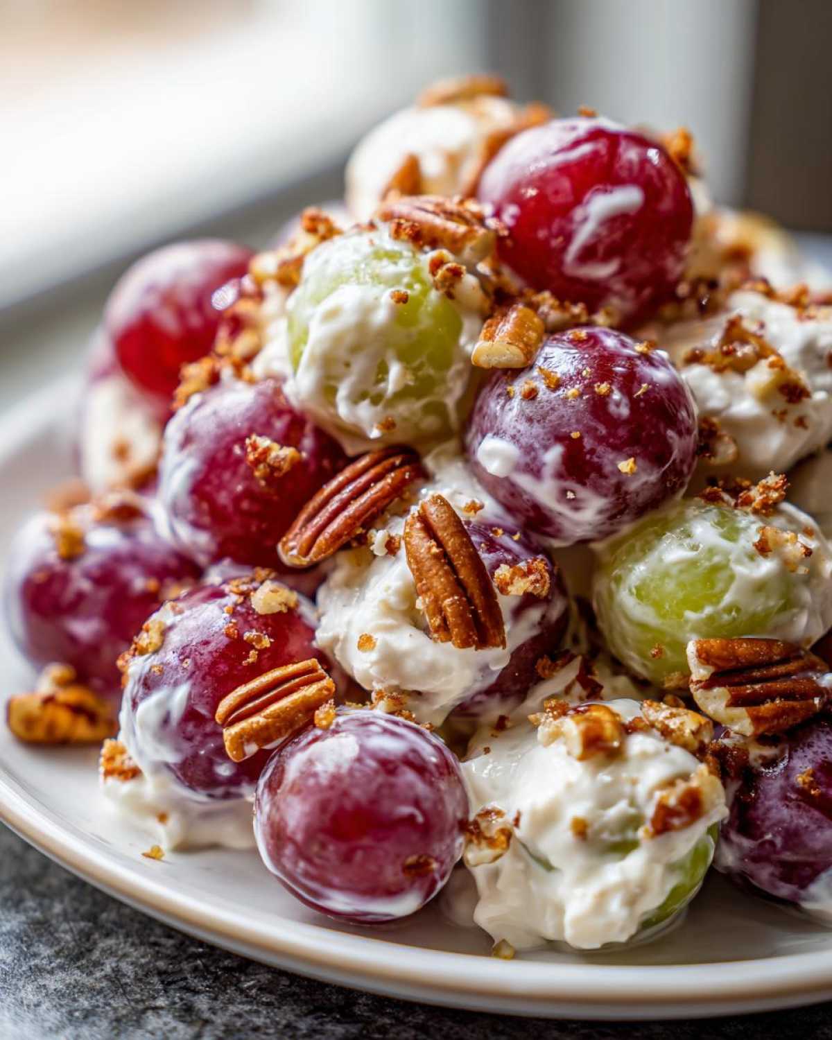 Close-up of creamy chicken salad chick grape salad mixed with red and green grapes and topped with pecans.