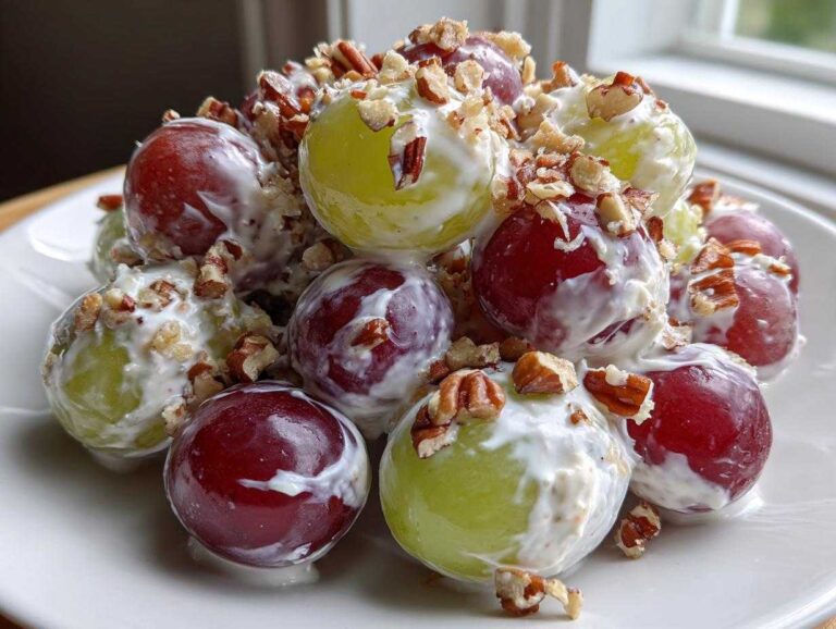 Close-up of creamy chicken salad chick grape salad featuring red and green grapes coated in dressing and topped with chopped pecans.