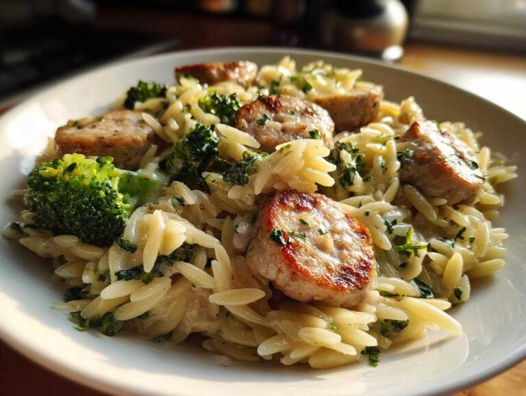 A close-up of a white bowl filled with creamy chicken sausage and broccoli orzo, garnished with parsley.