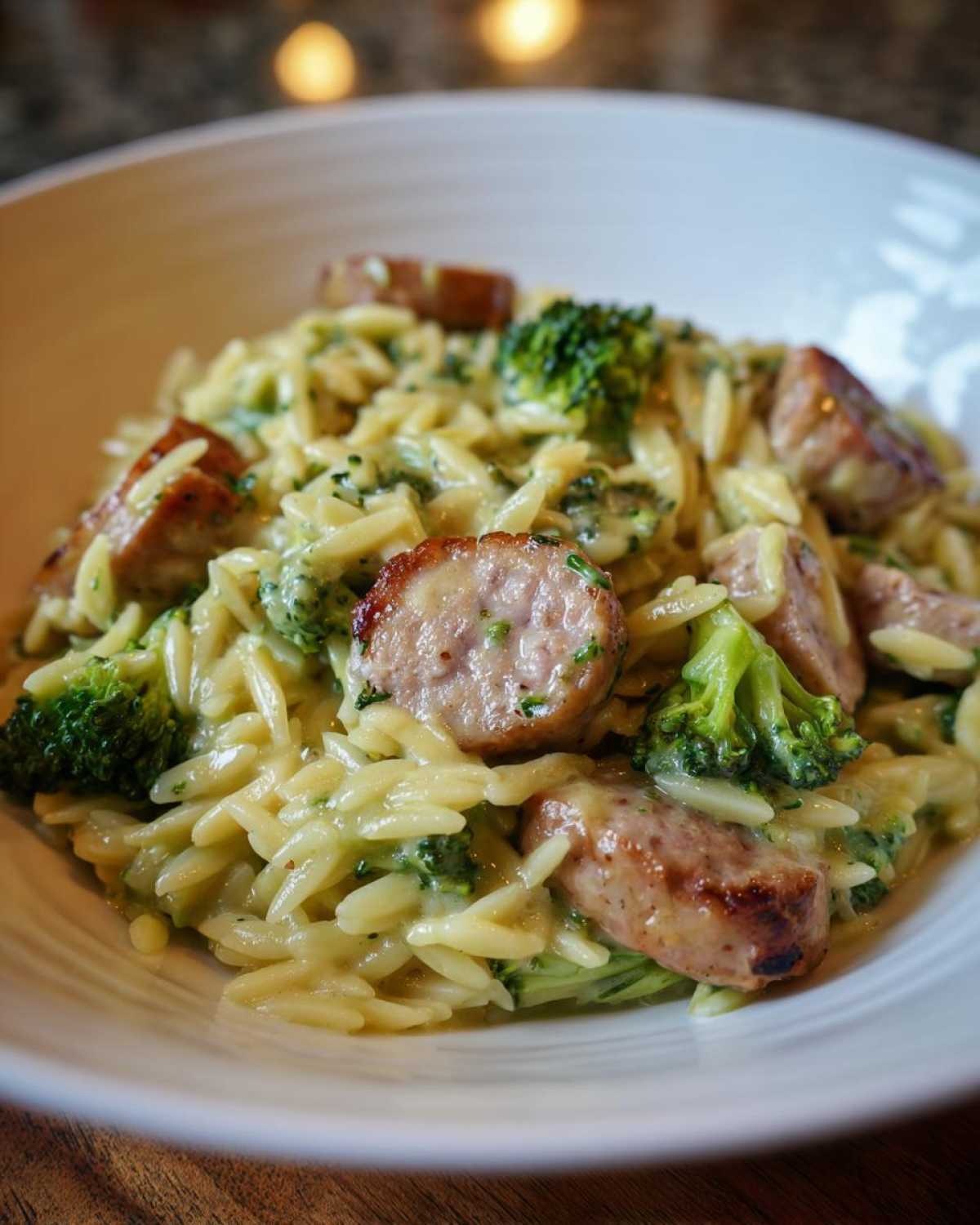 A close-up serving of creamy chicken sausage and broccoli orzo pasta in a white bowl.
