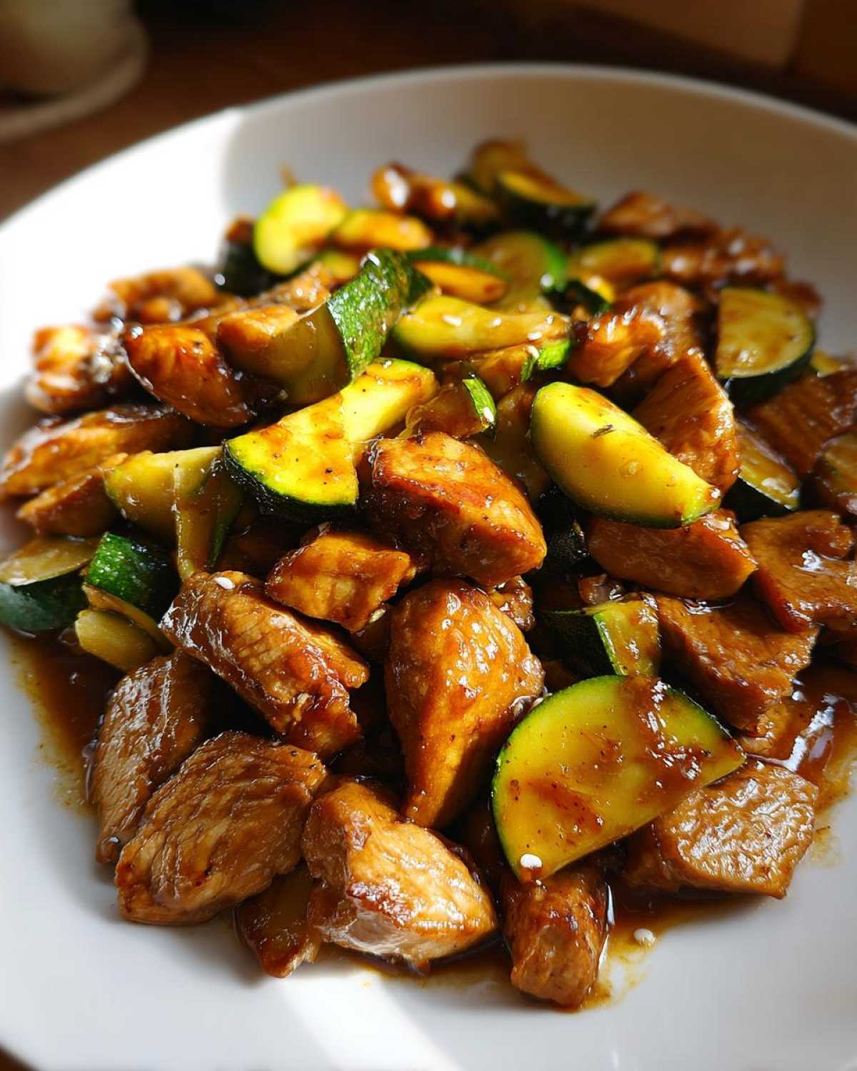 Close-up of bite-sized chicken pieces and sliced zucchini coated in a savory brown sauce in a white bowl, representing chicken zucchini stir fry.