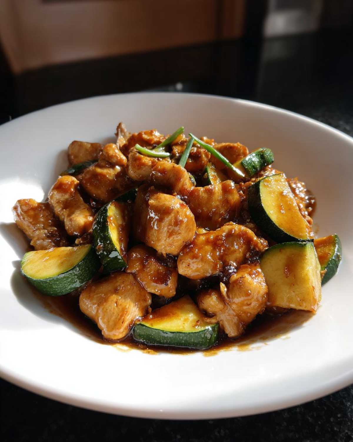 Close-up of a serving of chicken zucchini stir fry coated in a rich brown sauce, garnished with green onions.