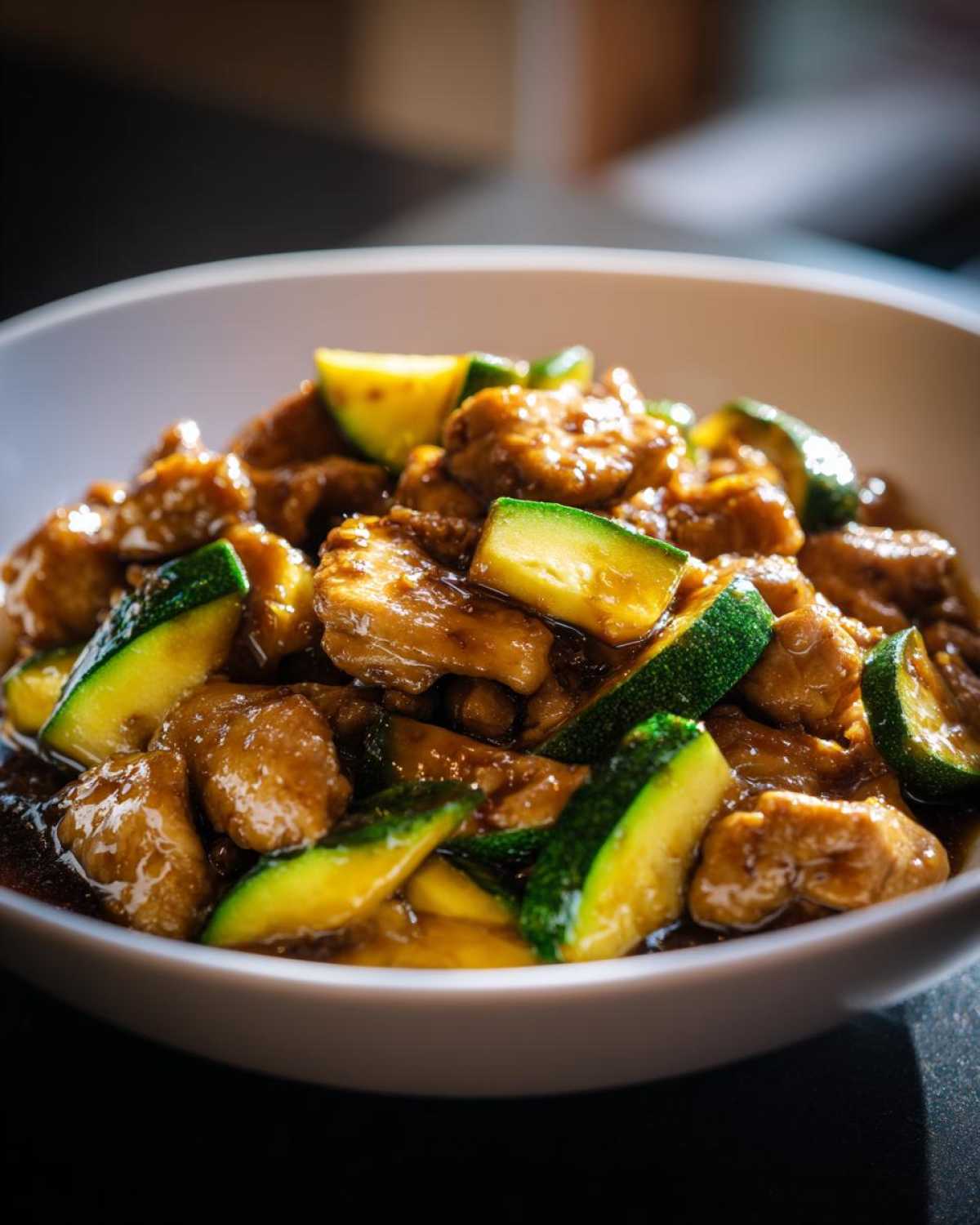 Close-up of tender chicken pieces coated in savory sauce mixed with bright green zucchini slices in a white bowl, perfect for chicken zucchini stir fry.