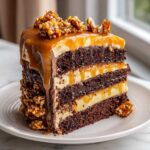 A tall slice of chocolate caramel toffee crunch cake showing rich layers of dark chocolate cake, caramel filling, and toffee crunch.