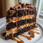 A decadent slice of chocolate caramel toffee crunch cake layered with dark chocolate cake and caramel filling.