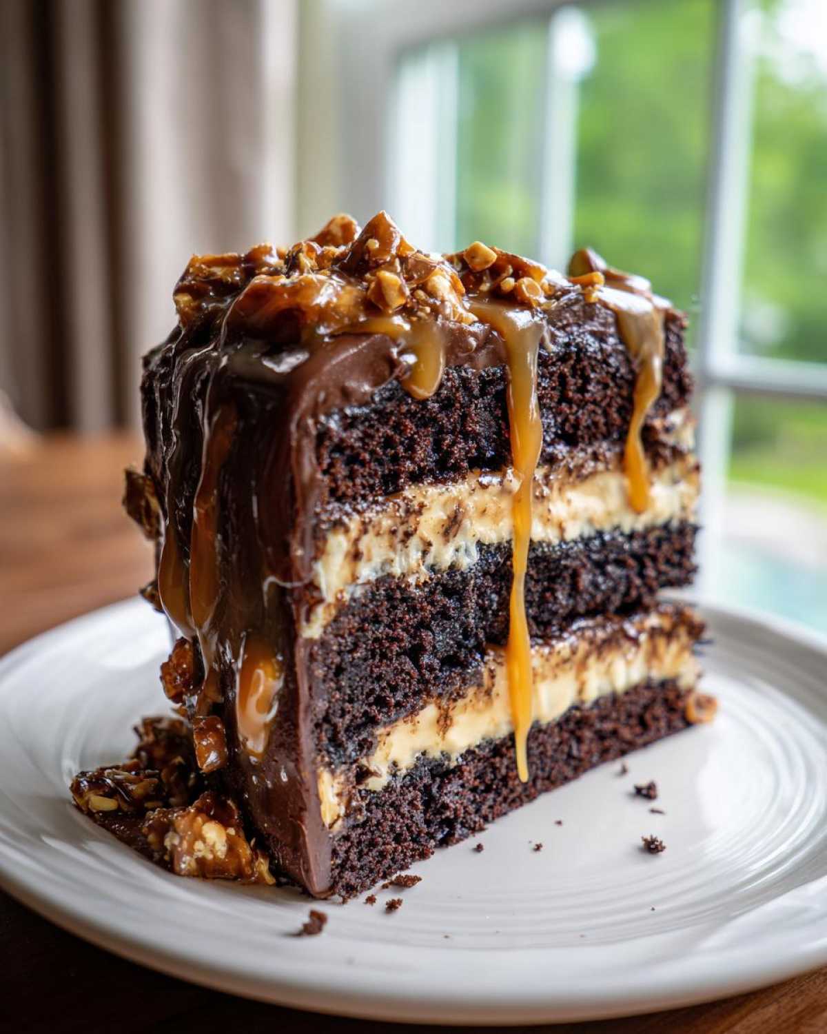 A tall slice of chocolate caramel toffee crunch cake with dripping caramel sauce and nuts.