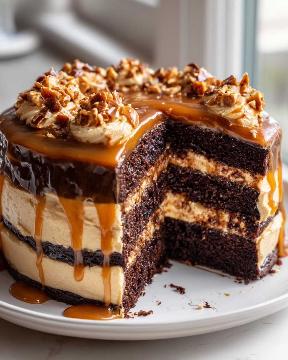 A slice removed from a rich chocolate caramel toffee crunch cake showing layers of dark cake and caramel frosting.