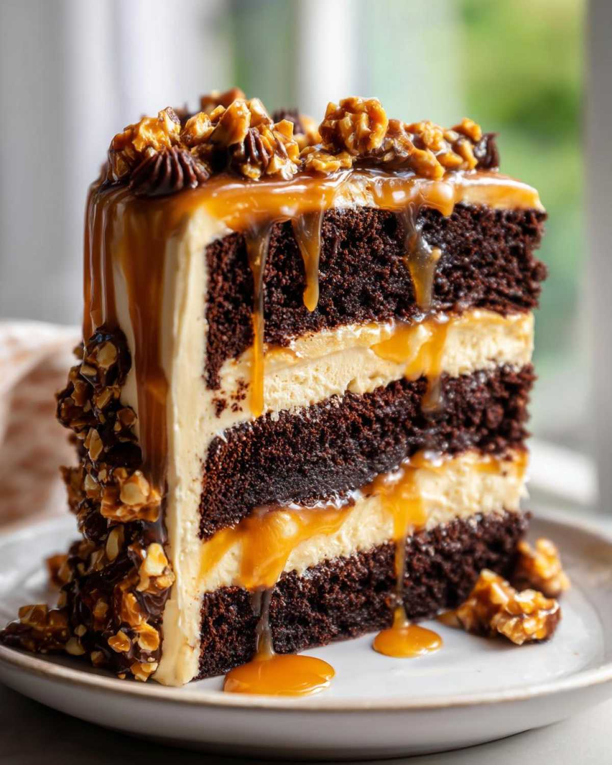 A tall slice of chocolate caramel toffee crunch cake showing three layers of dark chocolate cake and creamy filling.