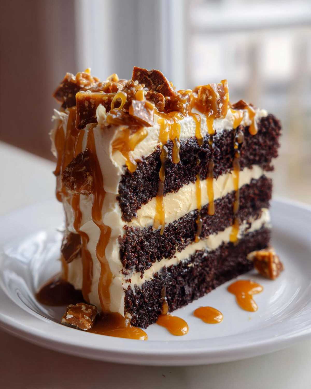 A tall slice of chocolate caramel toffee crunch cake with layers of dark cake, cream filling, and caramel drizzle.