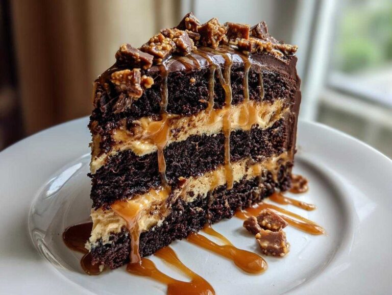 A decadent slice of chocolate caramel toffee crunch cake layered with dark chocolate cake and caramel filling.