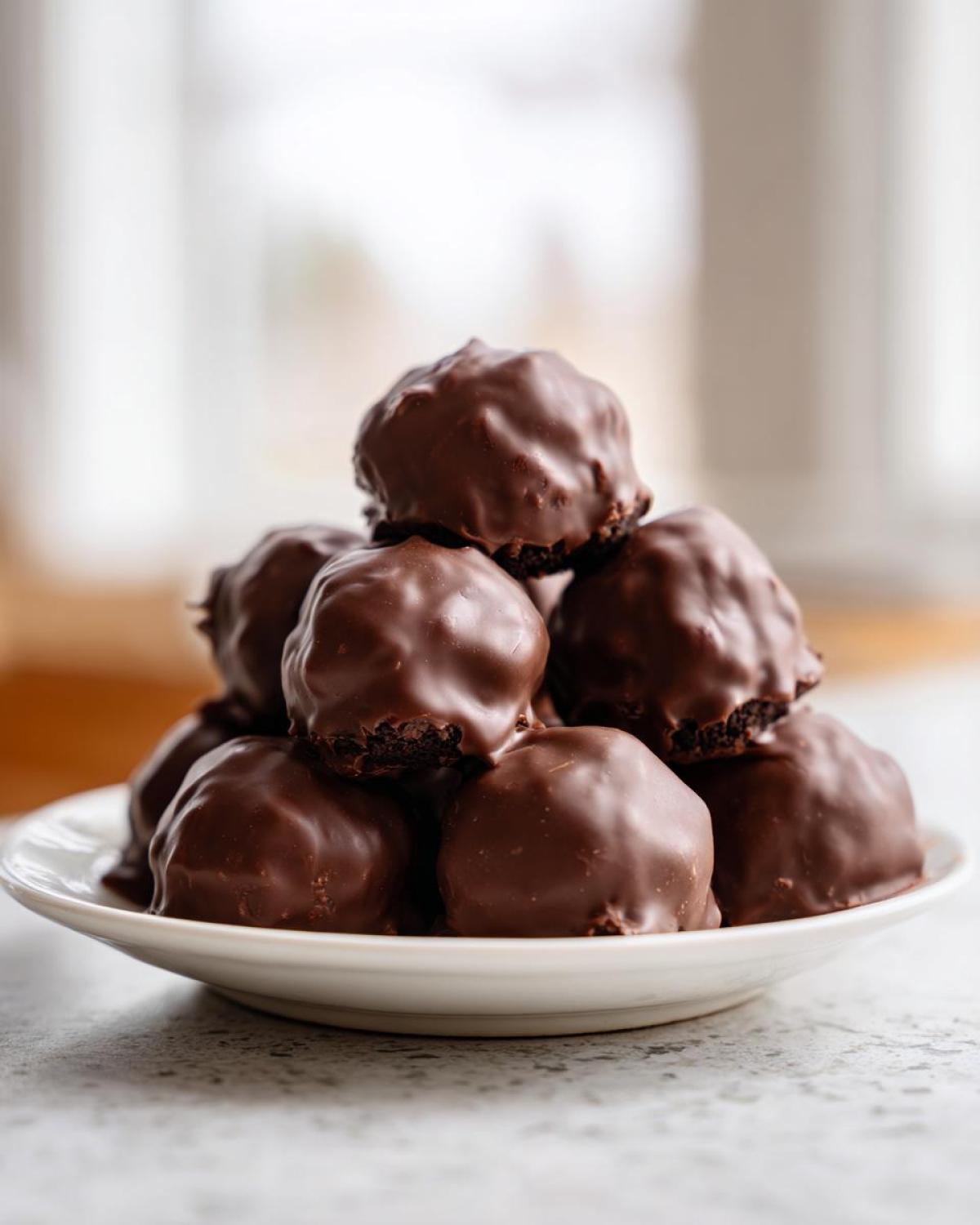 A stack of homemade, rich chocolate-covered Oreo balls piled high on a small white plate.
